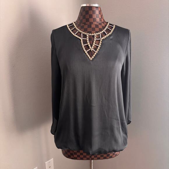 Black Bubble Hem Blouse Medium Gold Rhinestone Collar Top Shirt Bell I.N. Studio - Picture 2 of 11